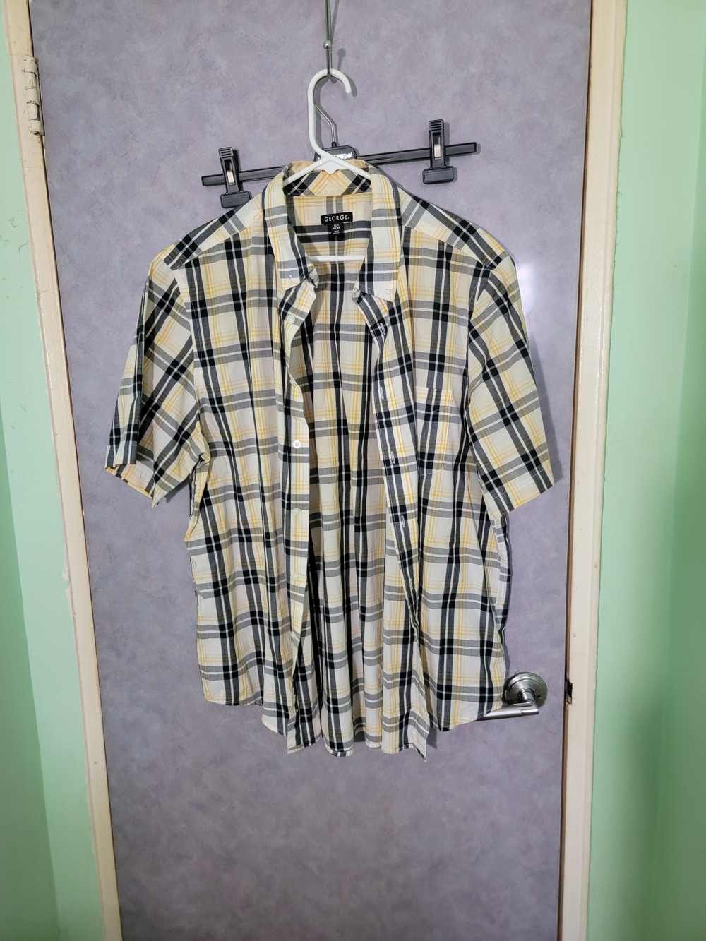 George Yellow and Black Plaid Short-Sleeve Button-Down Shirt